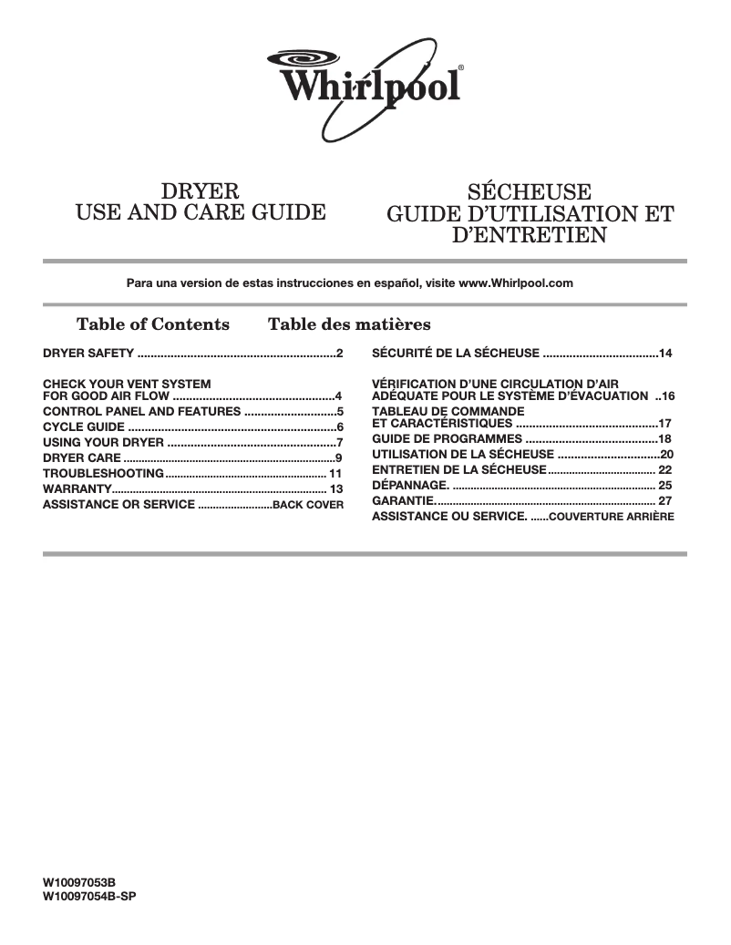 Page 1 de la notice Manuel utilisateur Whirlpool WED5610XW