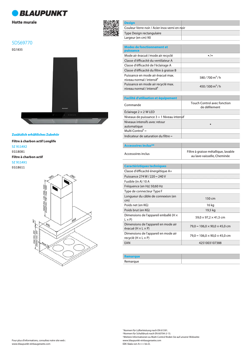 Page 1 de la notice Fiche technique Blaupunkt 5DS99770
