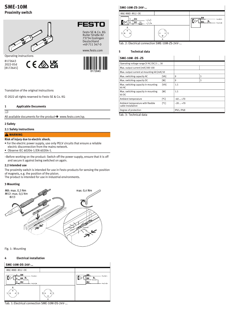 Page 1 de la notice Manuel utilisateur Festo SME-10M-DS-24V-E-0,3-L-M8D