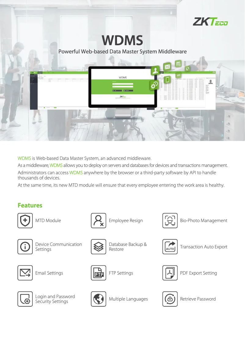Page 1 de la notice Fiche technique ZKTeco WDMS