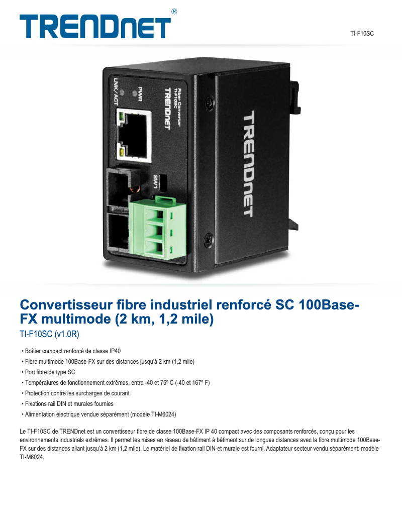 Página 1 del manual Ficha técnica TRENDnet TI-F10SC