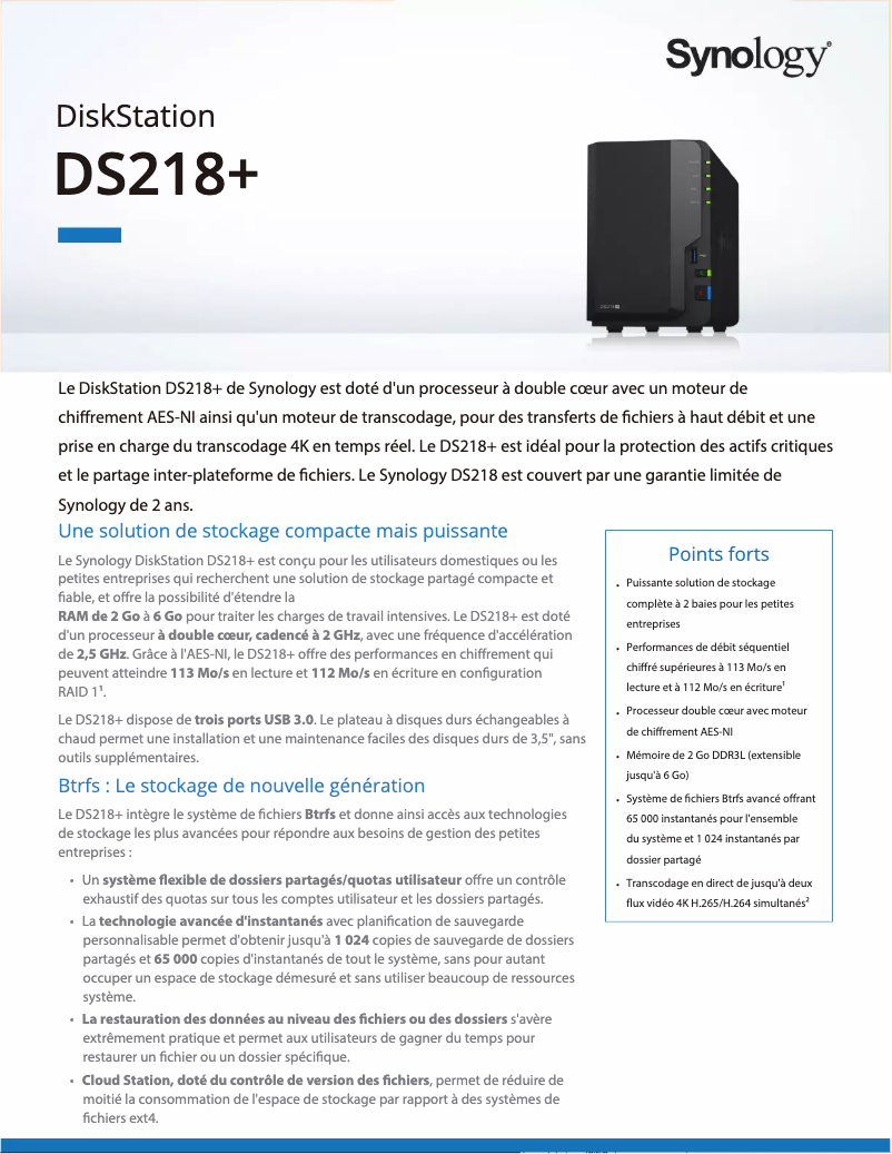 Page n°1 - Fiche technique Synology DiskStation DS218+