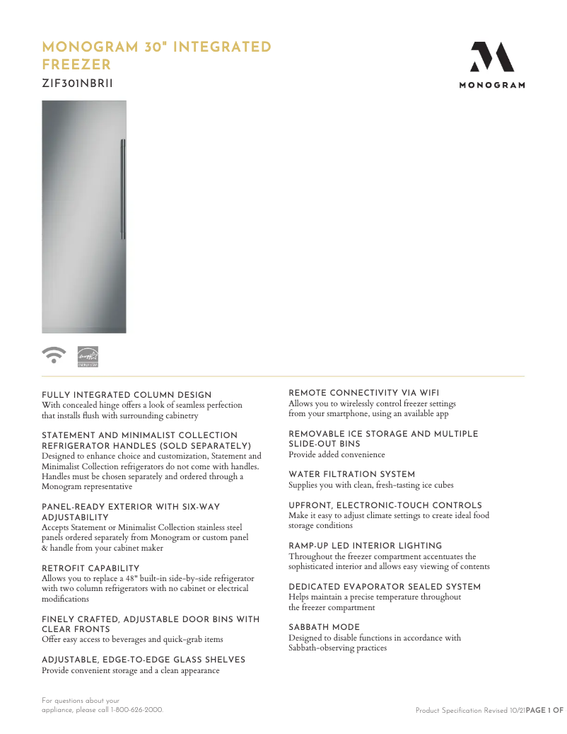 Page 1 de la notice Fiche technique Monogram ZIF301NBRII