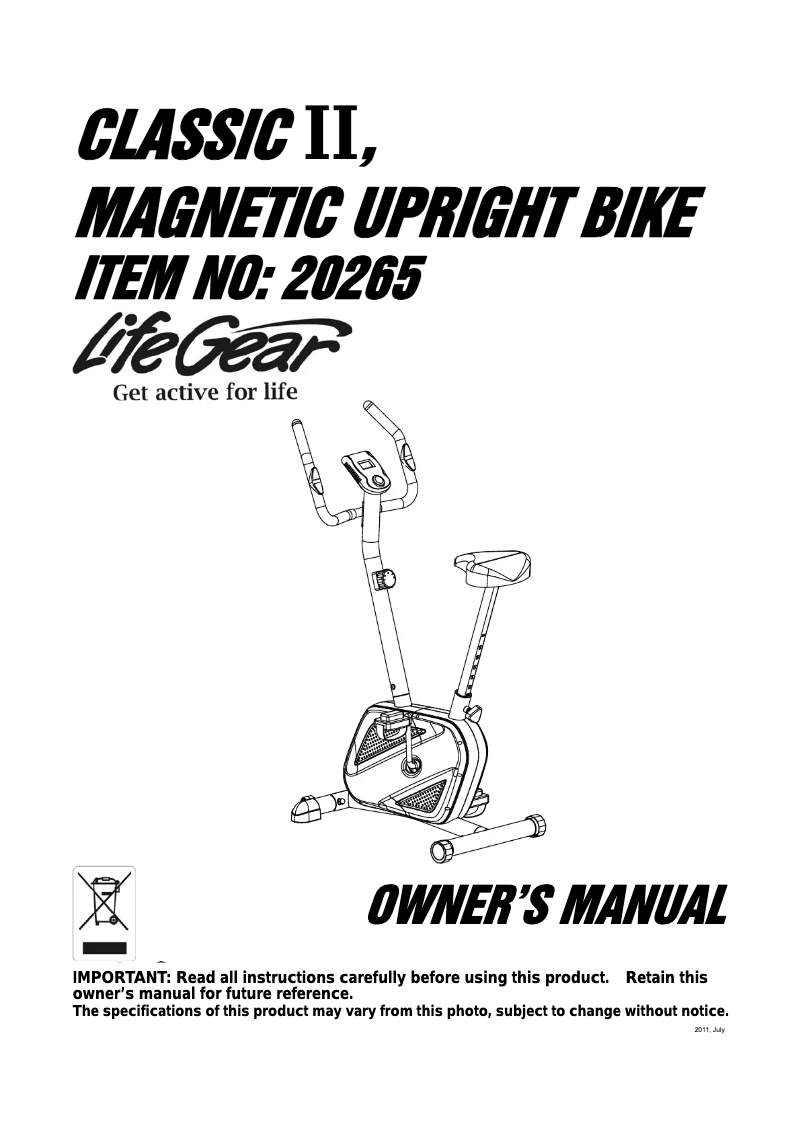 Página 1 del manual Manual de usuario Life Gear Classic II Magnetic Upright Bike 20265