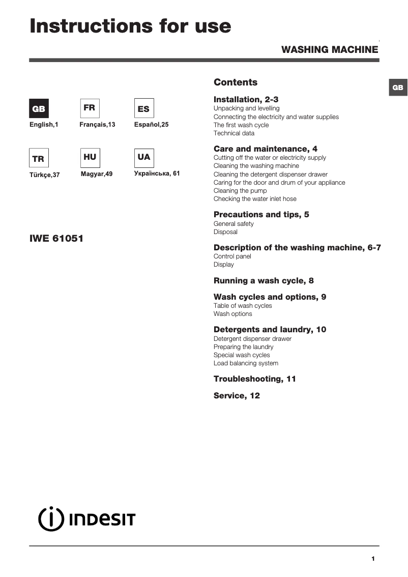 Page 1 de la notice Manuel utilisateur Indesit IWE 61051C ECO EU