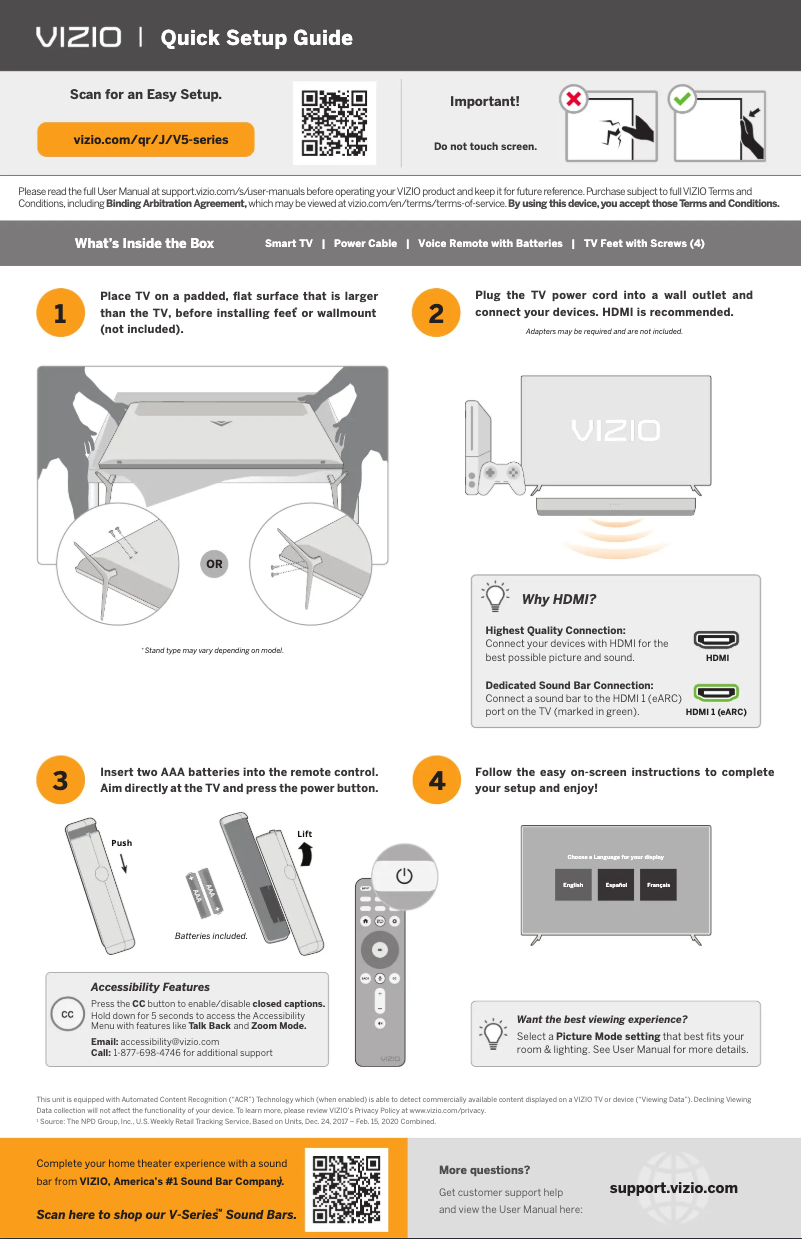 Page 1 de la notice Guide de démarrage rapide VIZIO V585-J01