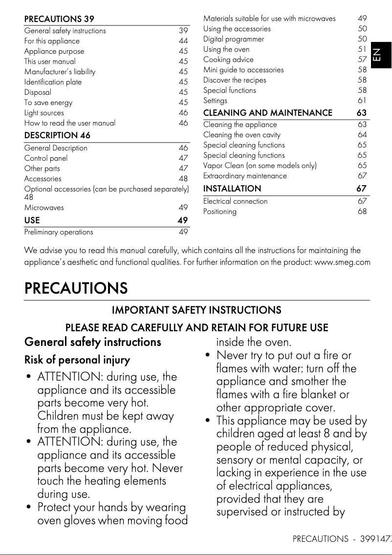 Page 1 de la notice Manuel utilisateur Smeg SO4301M1XK