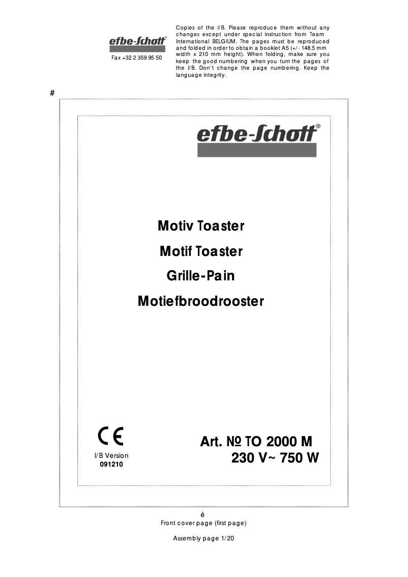 Page 1 de la notice Manuel utilisateur Efbe-Schott TO 2000 M