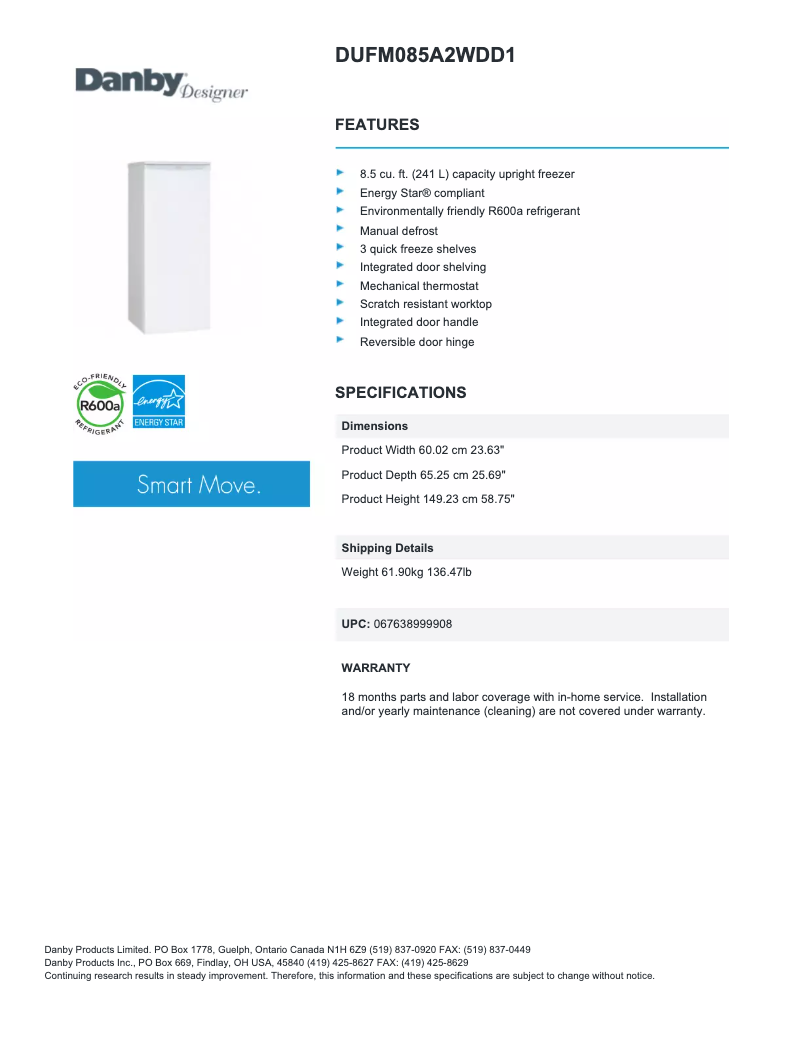 Page 1 de la notice Fiche technique Danby DUFM085A2
