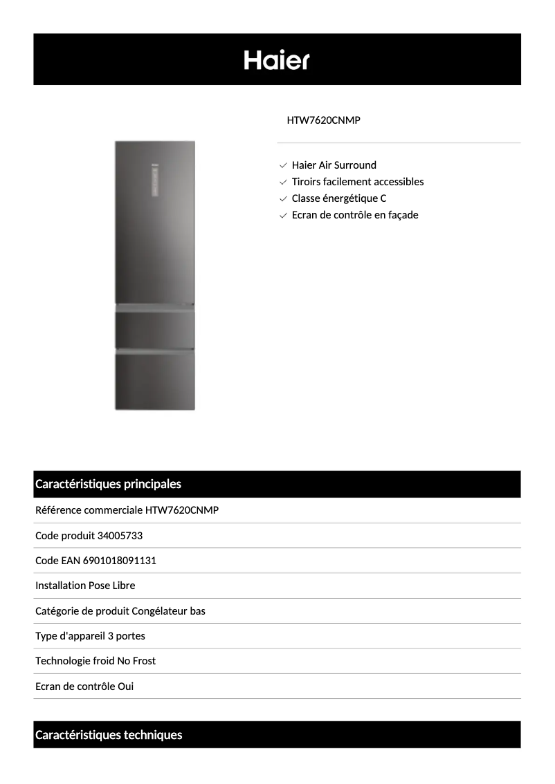 Página 1 del manual Ficha técnica Haier HTW7620CNMP