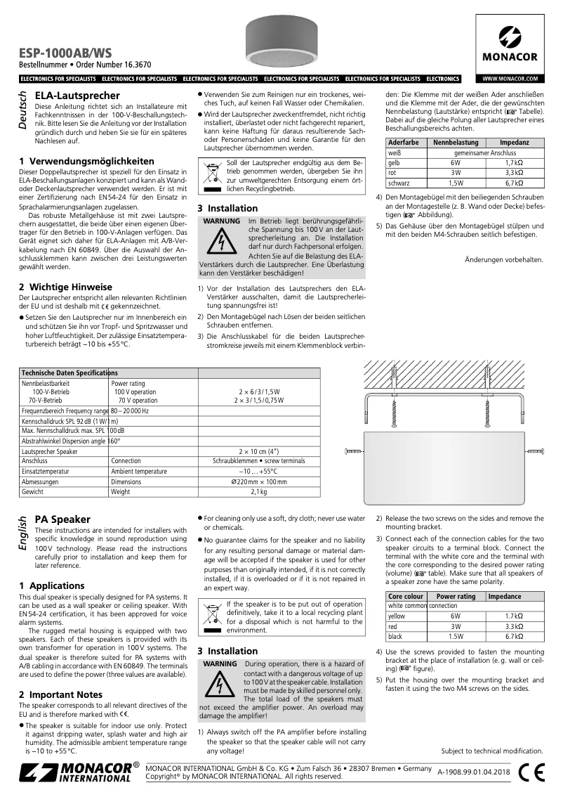 Page 1 de la notice Manuel utilisateur Monacor ESP-1000AB