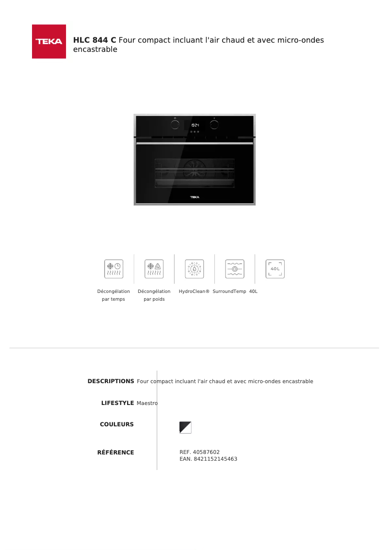 Page 1 de la notice Fiche technique Teka HLC 844 C