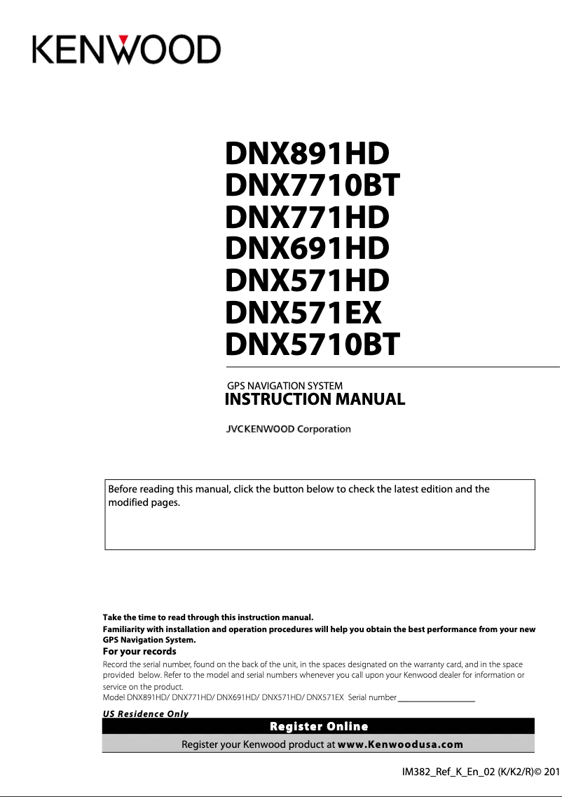 Page 1 de la notice Manuel utilisateur Kenwood eXcelon DNX891HD
