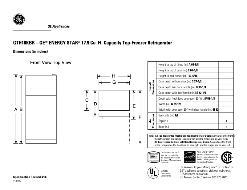 Page n°1 - Fiche technique GE GTH18KBRBB