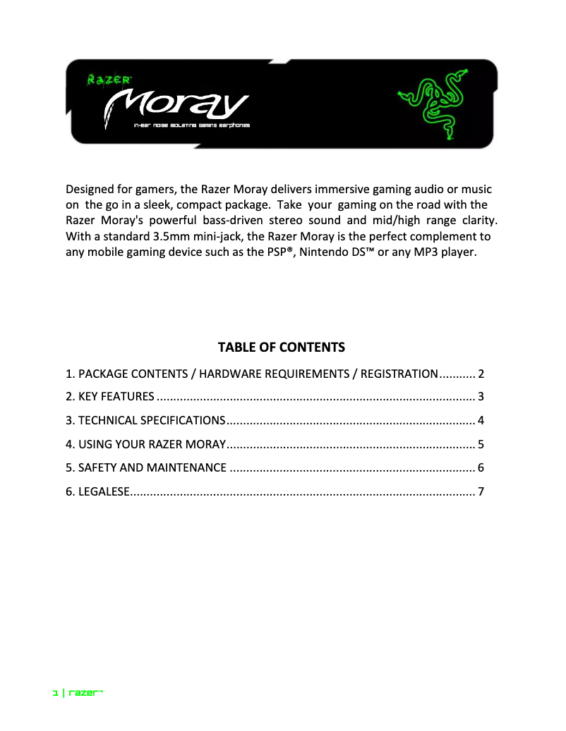 Page 1 de la notice Manuel utilisateur Razer Moray
