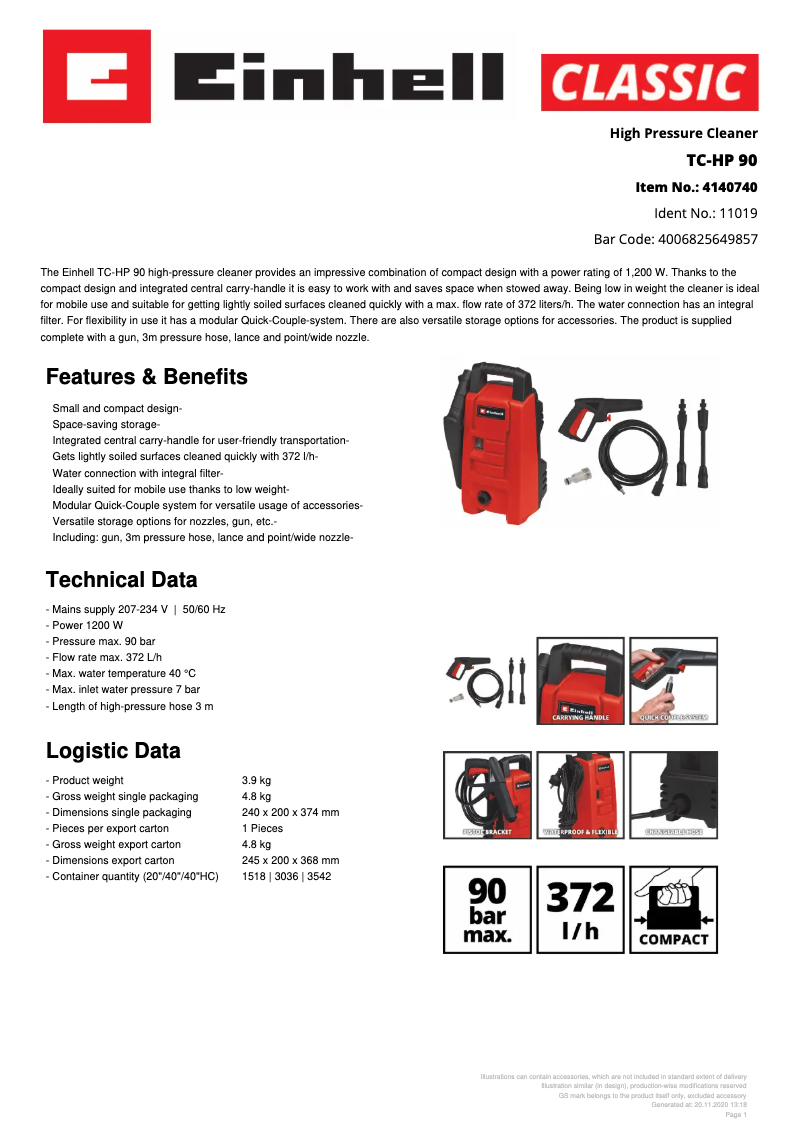 Page 1 de la notice Fiche technique Einhell TC-HP 90