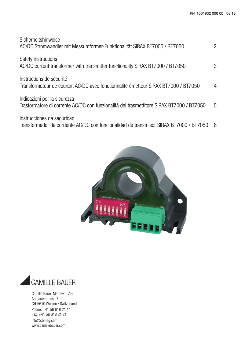 Page 1 de la notice Instructions de sécurité Camille Bauer SIRAX BT7050