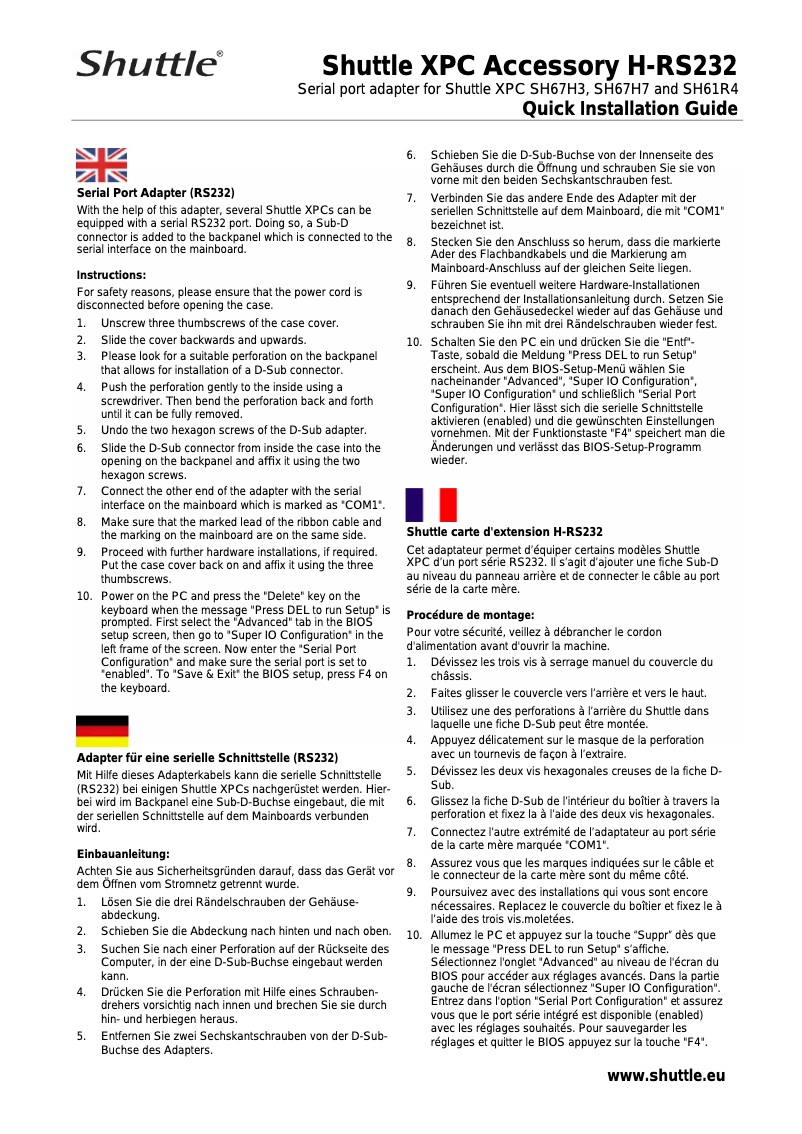 Page 1 de la notice Manuel utilisateur Shuttle H-RS232
