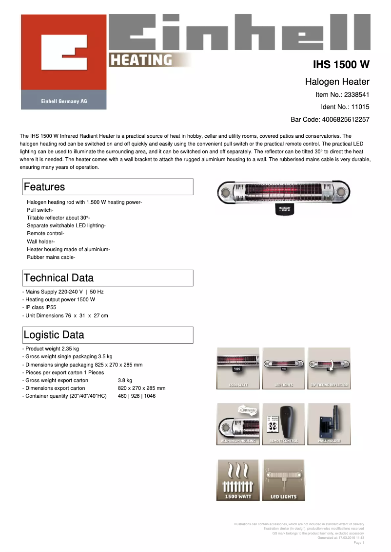 Page n°1 - Fiche technique Einhell IHS 1500 W