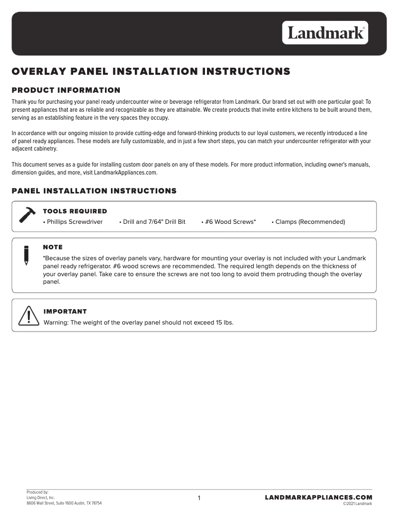 Page 1 de la notice Guide d'installation Landmark L3015UI1WPR-LH