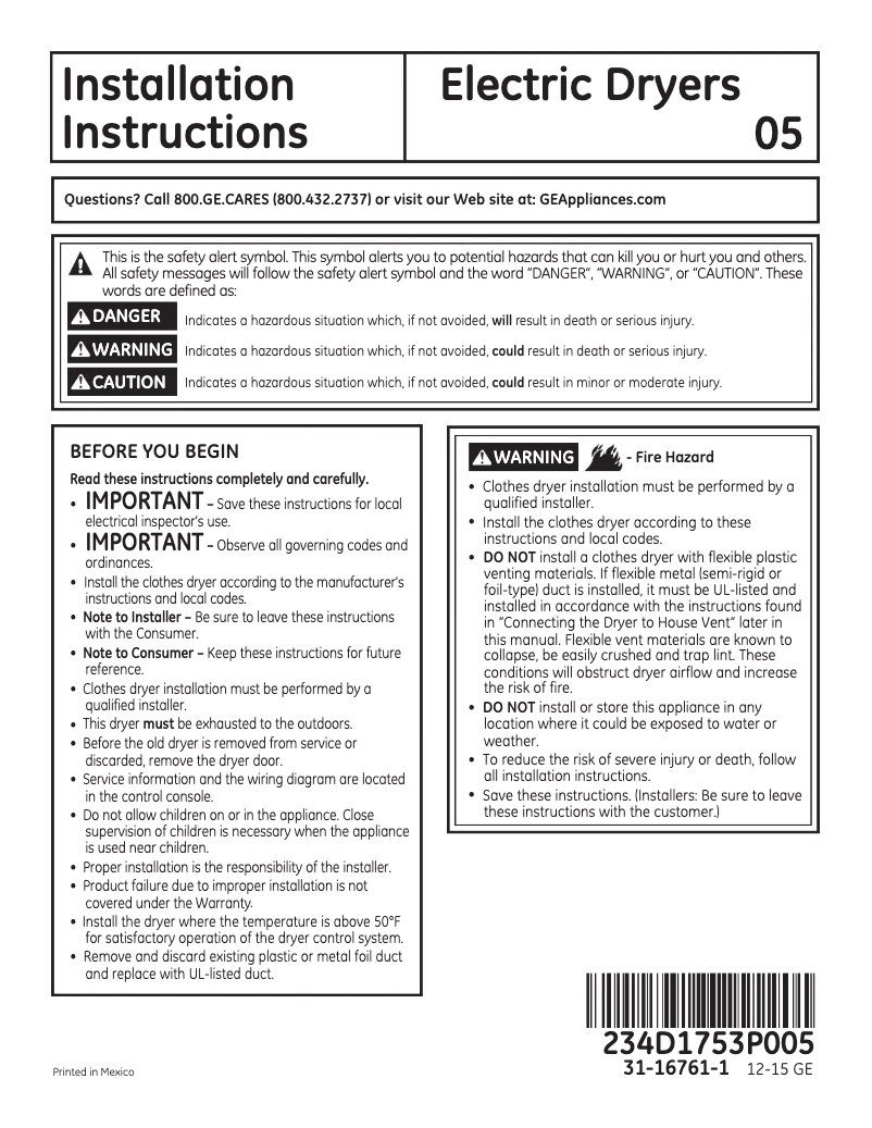 Page 1 de la notice Guide d'installation GE GTD81ESPJMC