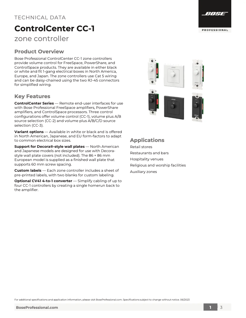 Page 1 de la notice Fiche technique Bose ControlCenter CC-1