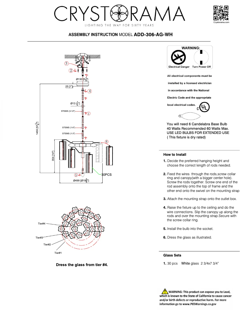 Page 1 de la notice Manuel utilisateur Crystorama Addis ADD-306-AG-WH