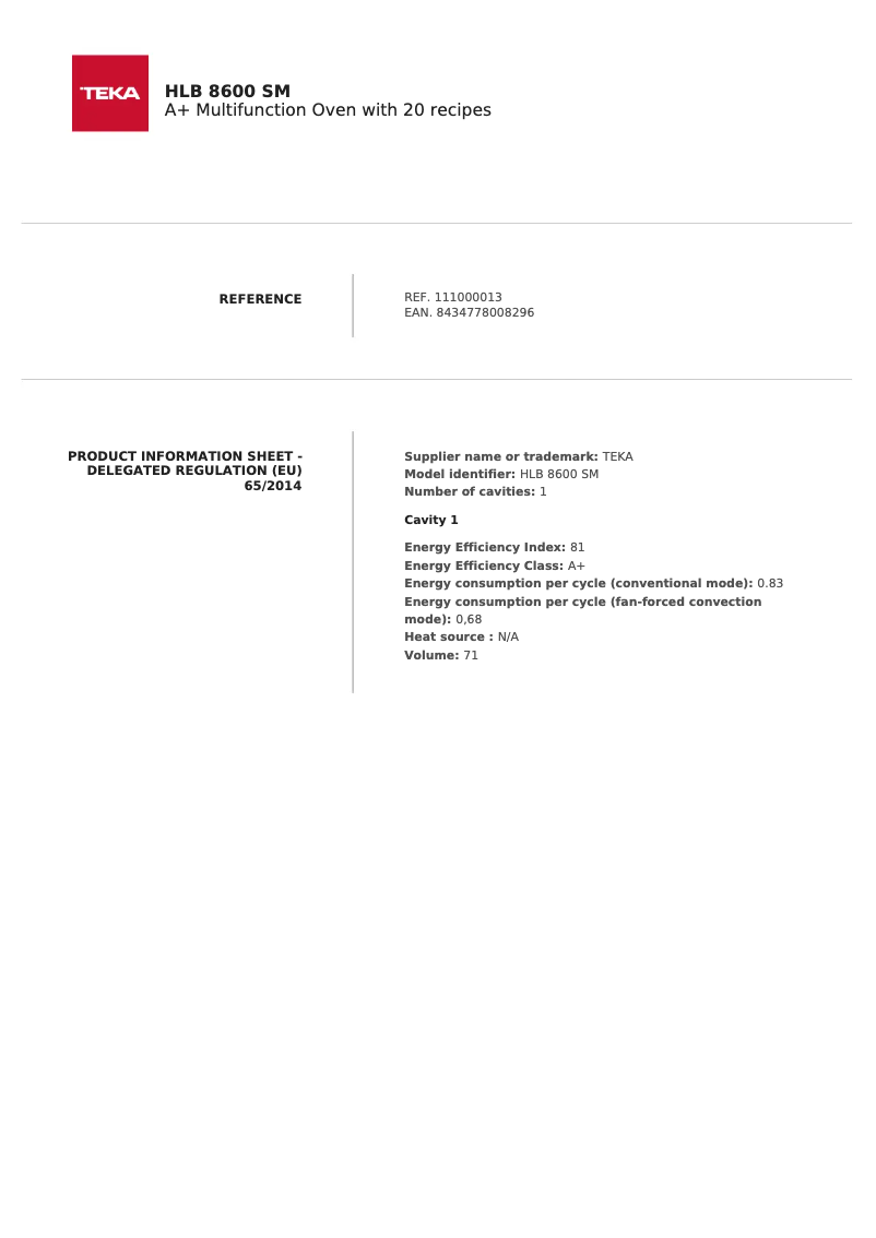 Page 1 de la notice Fiche technique Teka HLB 8600 SM