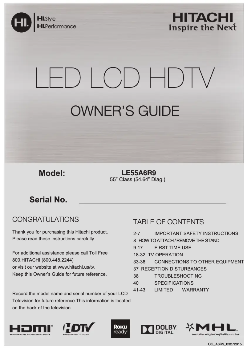 Page 1 de la notice Manuel utilisateur Hitachi LE55A6R9A