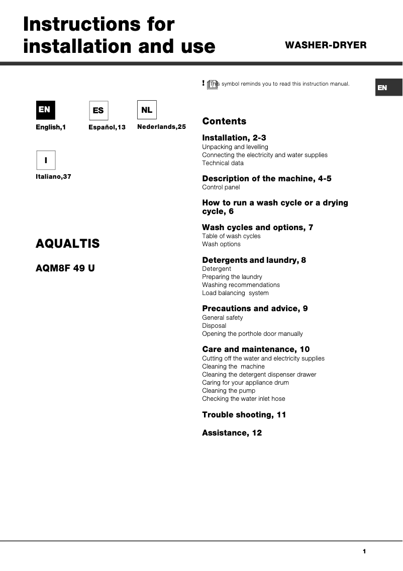 Page n°1 - Manuel utilisateur Hotpoint AQM8F 49 U