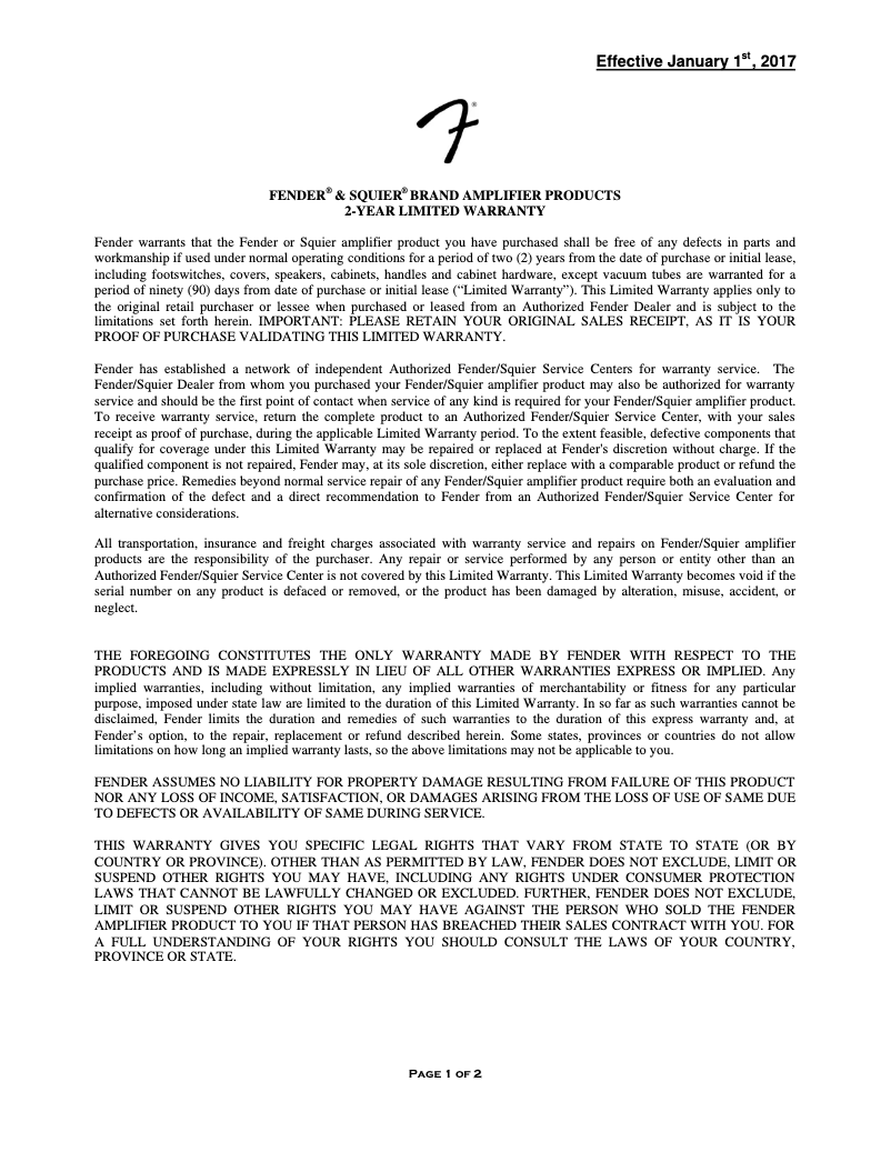 Page n°1 - Informations de garantie Fender '62 Princeton