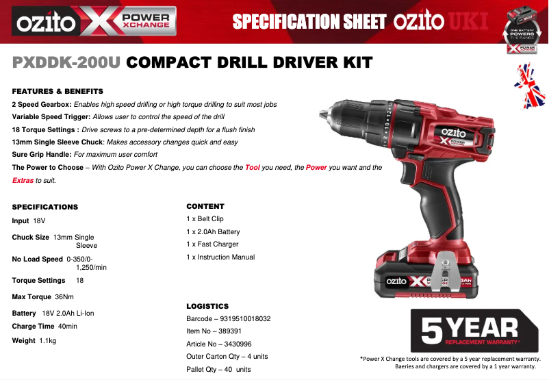 Page 1 de la notice Fiche technique Ozito PXDDK-200U