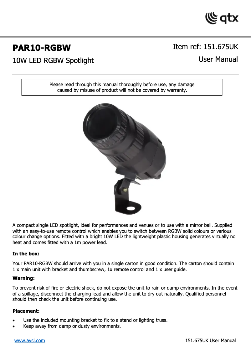 Page 1 de la notice Manuel utilisateur Qtx PAR10-RGBW