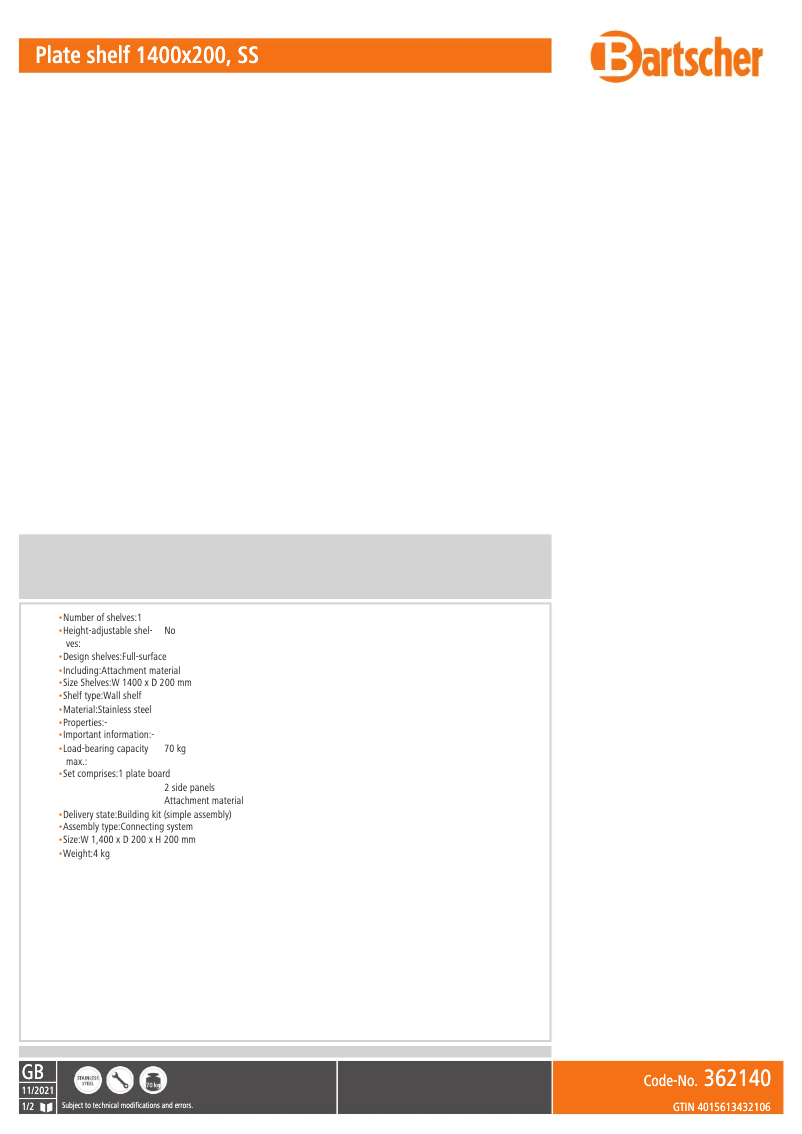 Page 1 de la notice Fiche technique Bartscher 362140