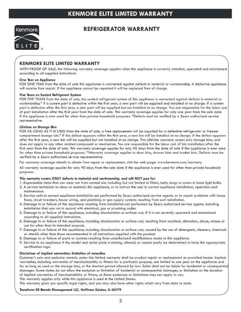 Page 1 de la notice Informations de garantie Kenmore Elite 73332