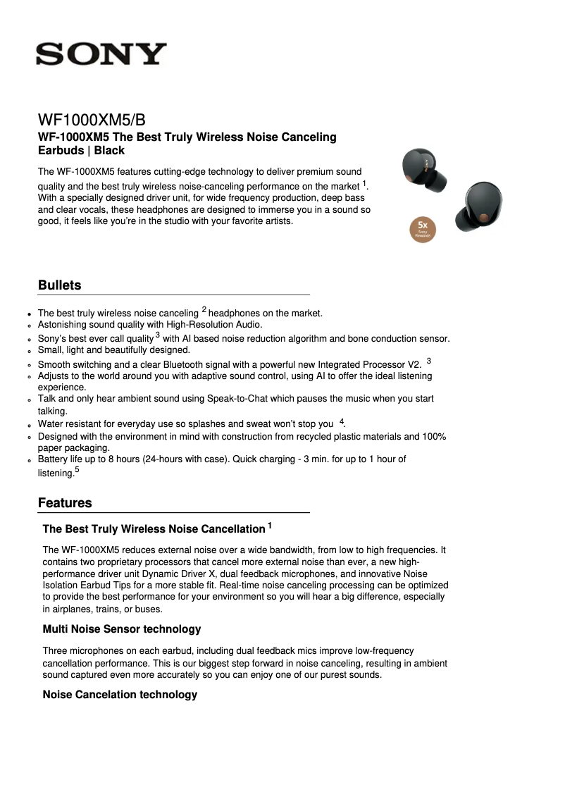 Página 1 del manual Ficha técnica Sony WF-1000XM5