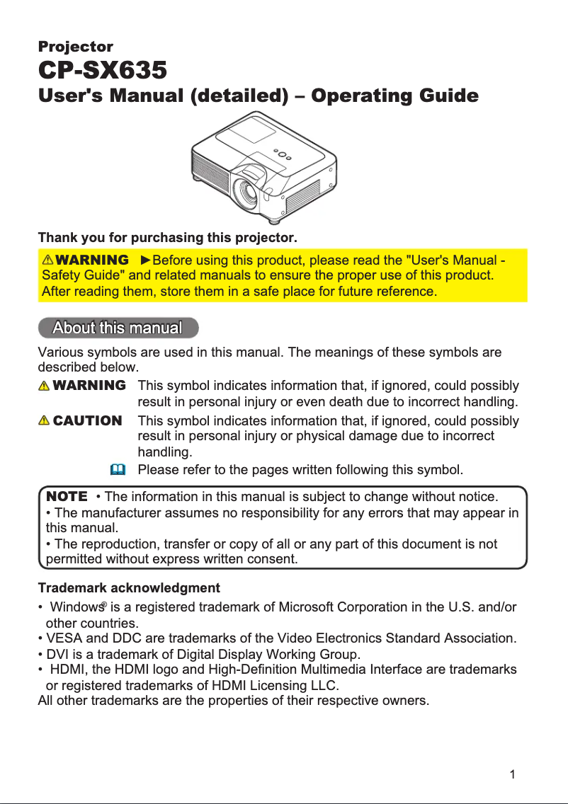 Página 1 del manual Manual de usuario Hitachi CP-SX635