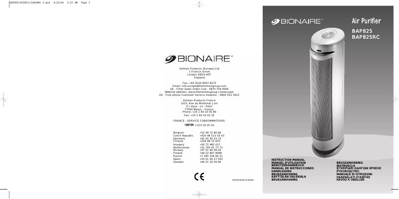 Page 1 de la notice Manuel utilisateur Bionaire BAP825