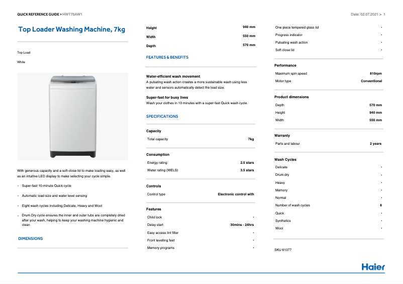 Page n°1 - Fiche technique Haier HWT70AW1
