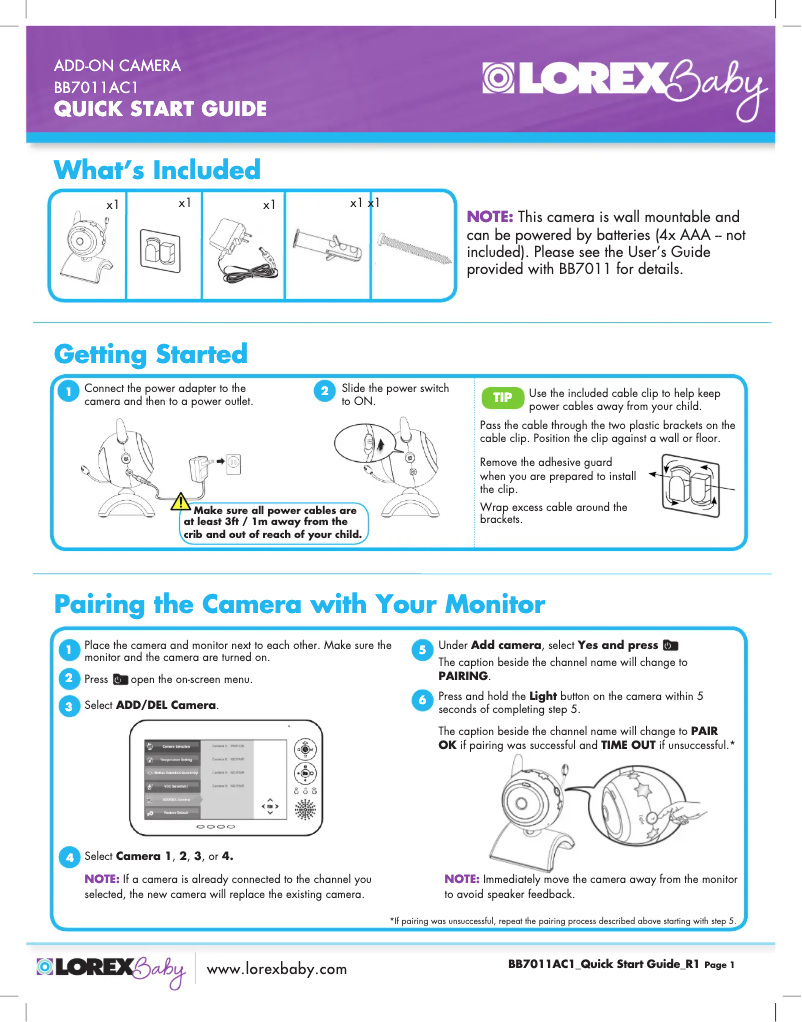 Page 1 de la notice Manuel utilisateur Lorex BB7011AC1