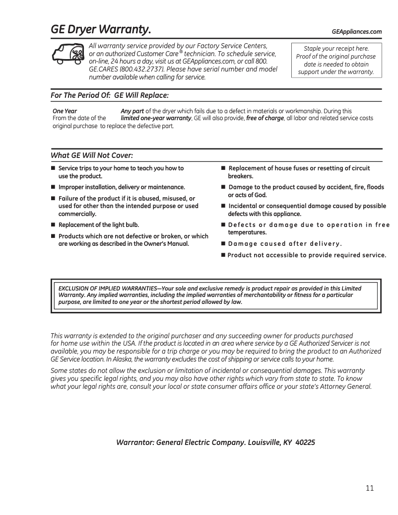 Page 1 de la notice Informations de garantie GE GTD42EASJWW