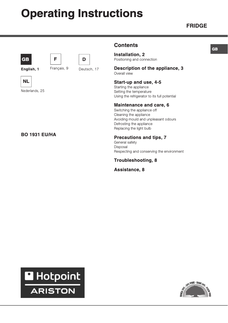 Page n°1 - Manuel utilisateur Hotpoint Ariston BO 1931 EU/HA