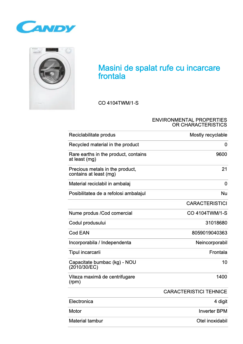 Page 1 de la notice Fiche technique Candy CO 4104TWM/1-S