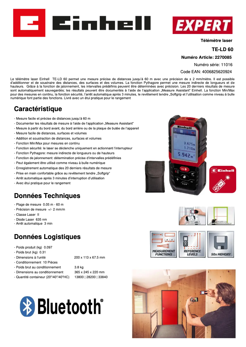 Page 1 de la notice Fiche technique Einhell TE-LD 60