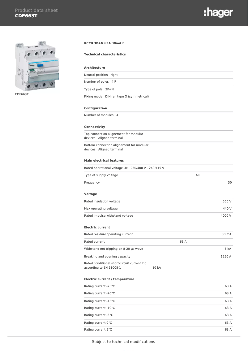 Page n°1 - Fiche technique Hager CDF663T