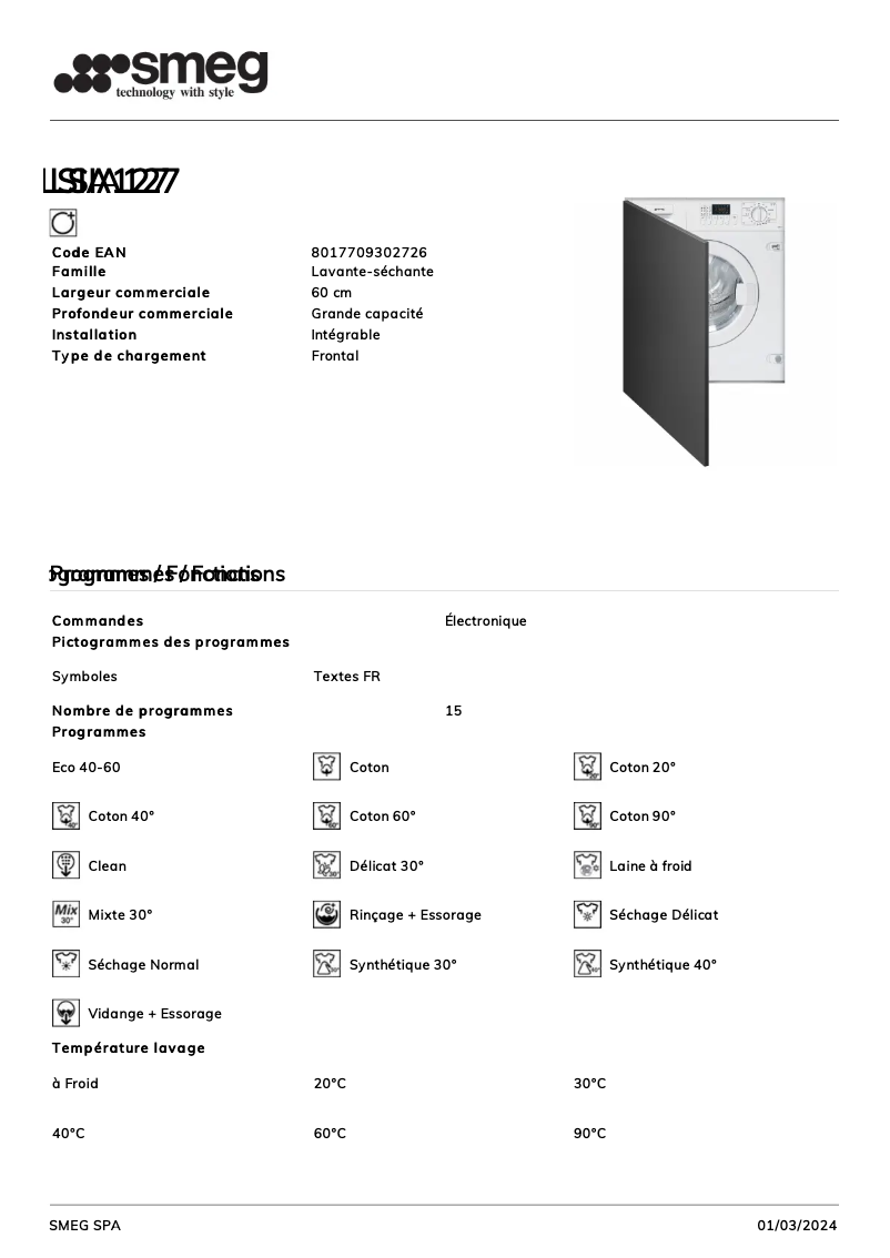 Page n°1 - Fiche technique Smeg LSIA127