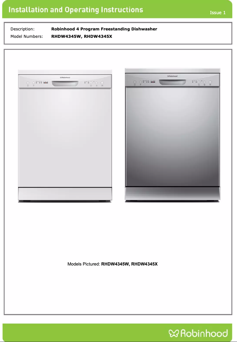 Page 1 de la notice Manuel utilisateur Robinhood RHDW4345X
