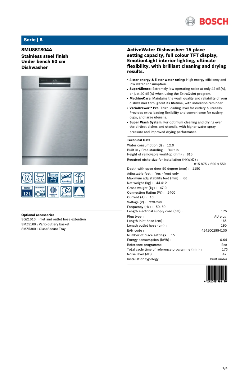 Page 1 de la notice Fiche technique Bosch SMU88TS04A