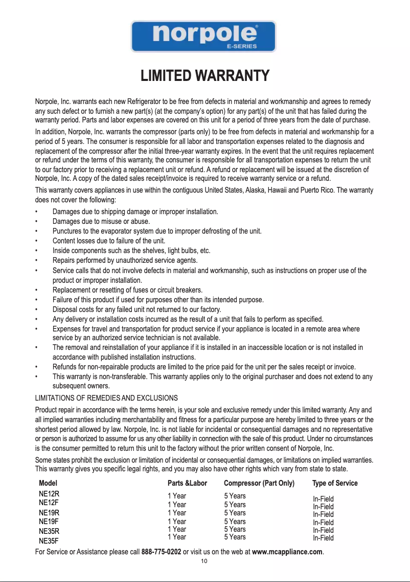 Página 1 del manual Información de garantía Norpole NE12R