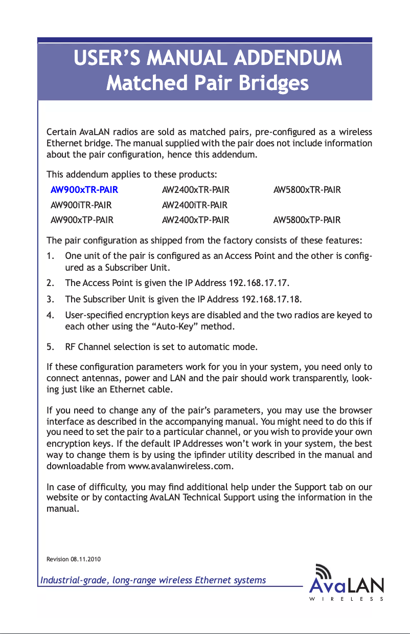 Page n°1 - Manuel utilisateur AvaLAN AW900XTR-Pair